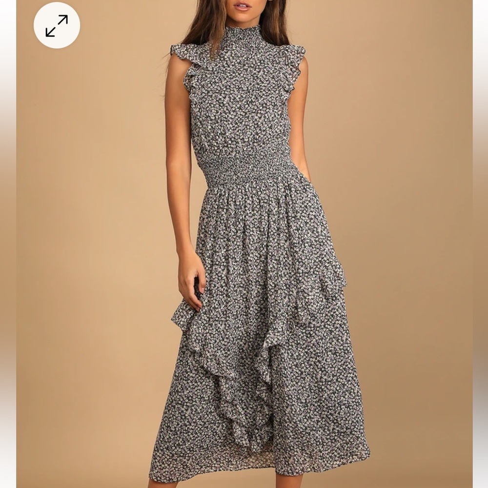 Lulus Evalina Black Floral Ruffle Midi Dress size Medium